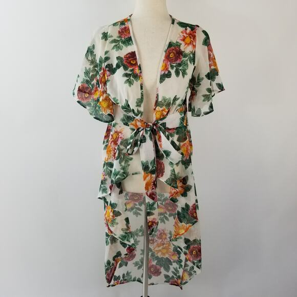 Live 4 Truth Kimono Red Green White Floral Sheer Tie Waist Robe Cover Up  Small - Picture 1 of 4
